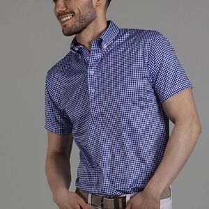 NWT Collars & Co. Blue White Gingham Oxford Button Down Collar Polo Medium